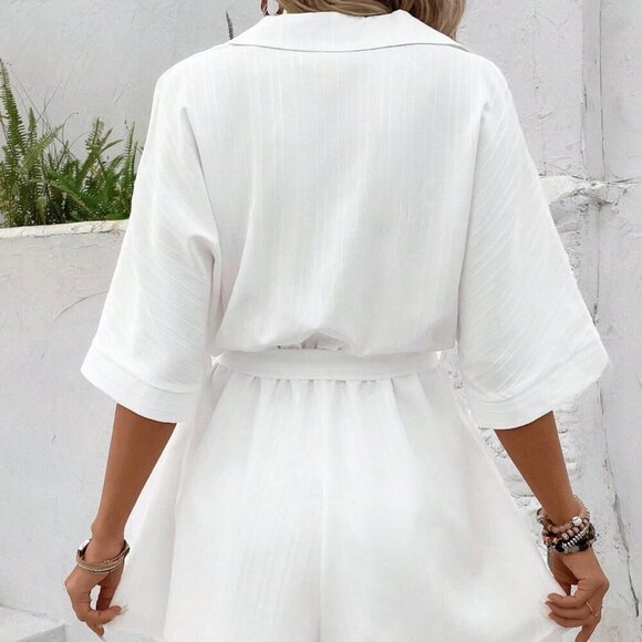 White Casual Women's Summer Solid Color Shirt Jumpsuit - Picture 2 of 5